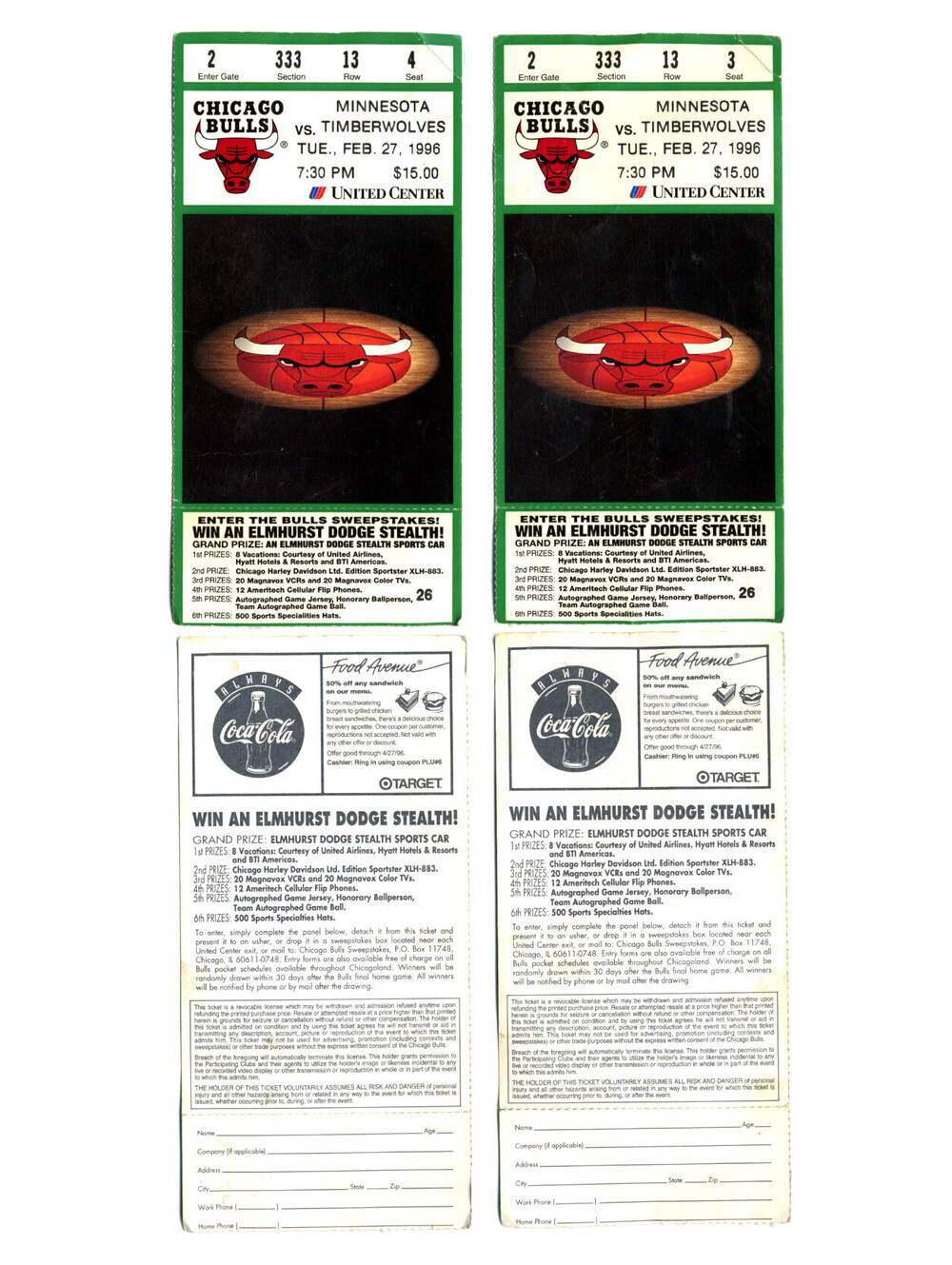 1996 Michael Jordan Bulls vs Timberwolves Ticket Pair Kevin Garnett Game 2-27-96